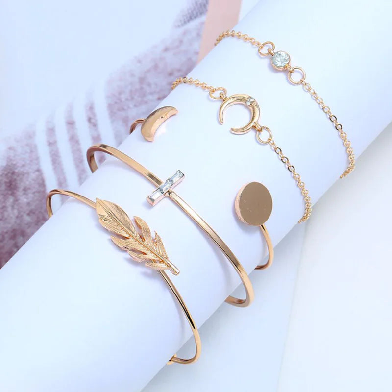 Minimalist Geometric Bracelet Set with Moon & Leaf Design
