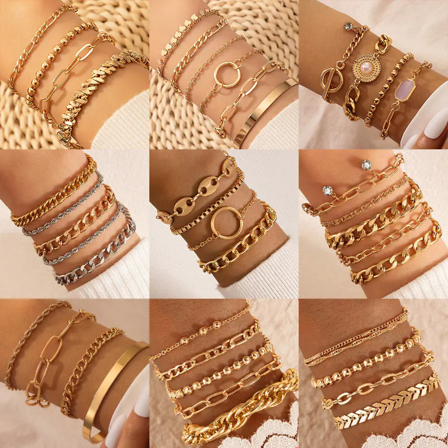 Geometric Leaf and Plane Chain Bracelet Set for Women