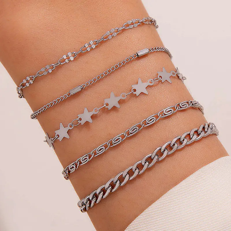 Geometric Leaf and Plane Chain Bracelet Set for Women