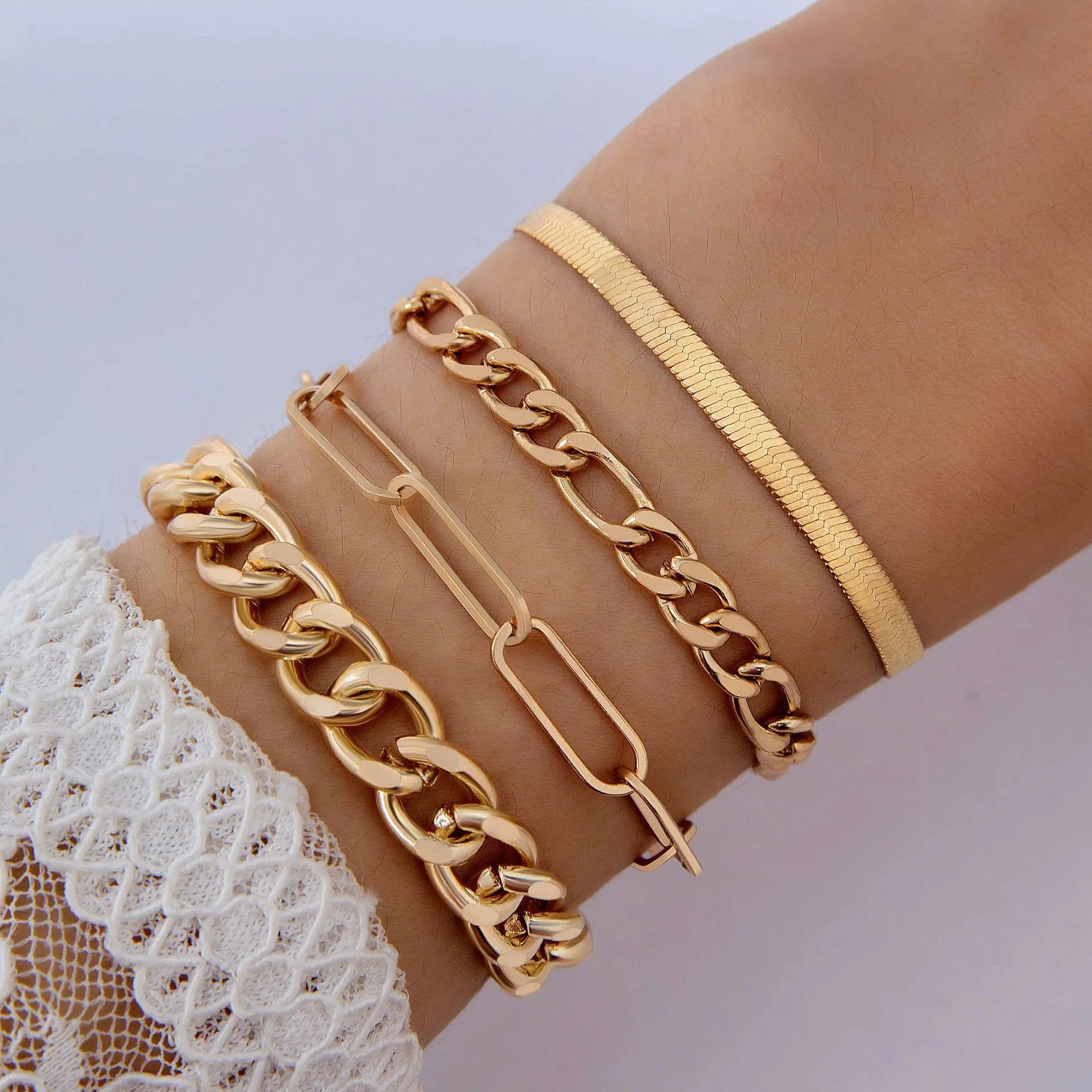 Geometric Leaf and Plane Chain Bracelet Set for Women