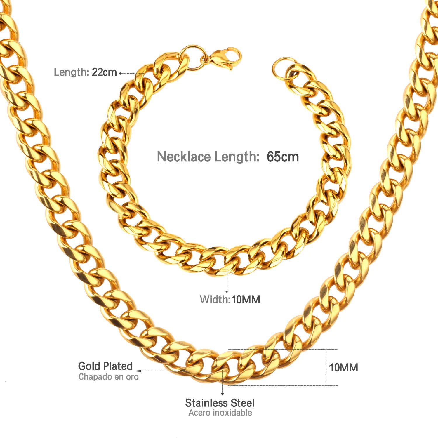 Men's Hip Hop Necklace and Bracelet Set, 10mm Chain