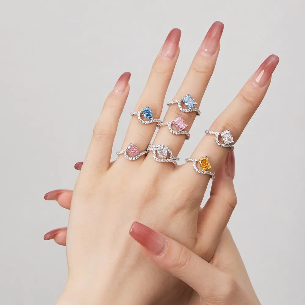 S925 Sterling Silver Rectangular Drop Ring with Gems